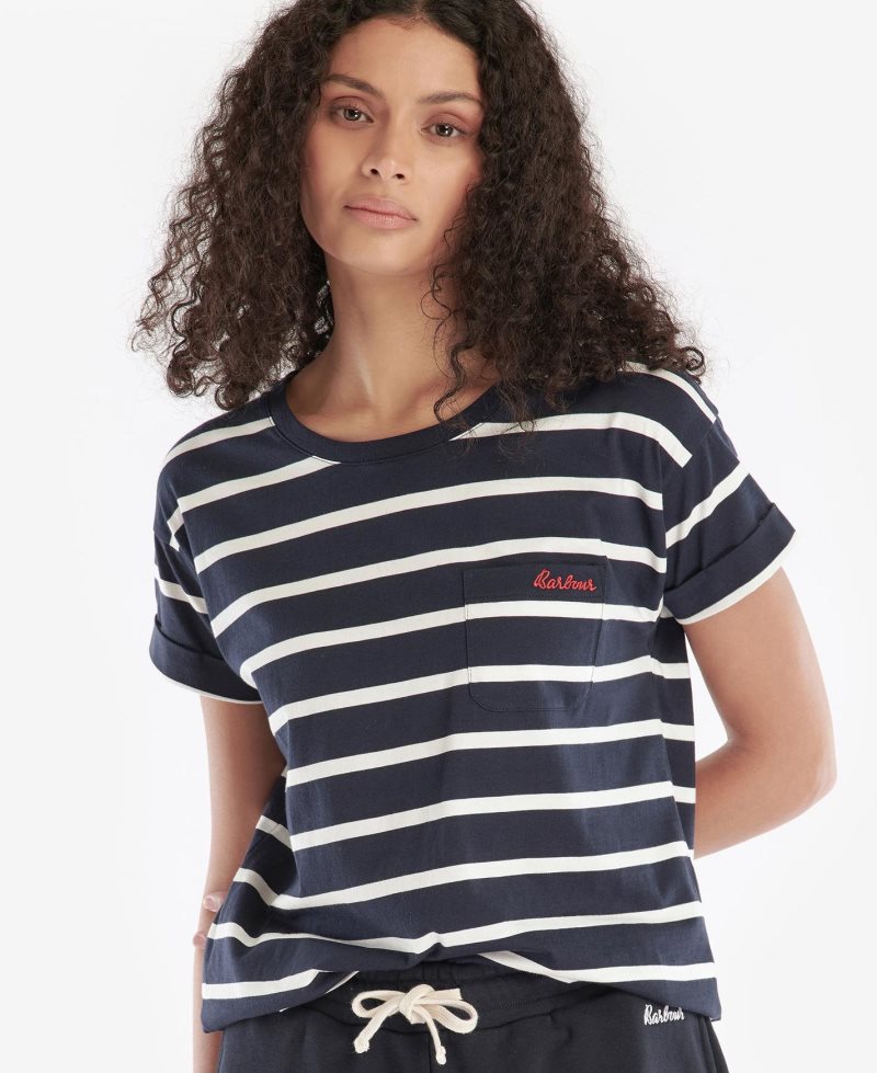 Camiseta Barbour Otterburn Stripe Mujer Azul Marino Blancas | PBQO07516